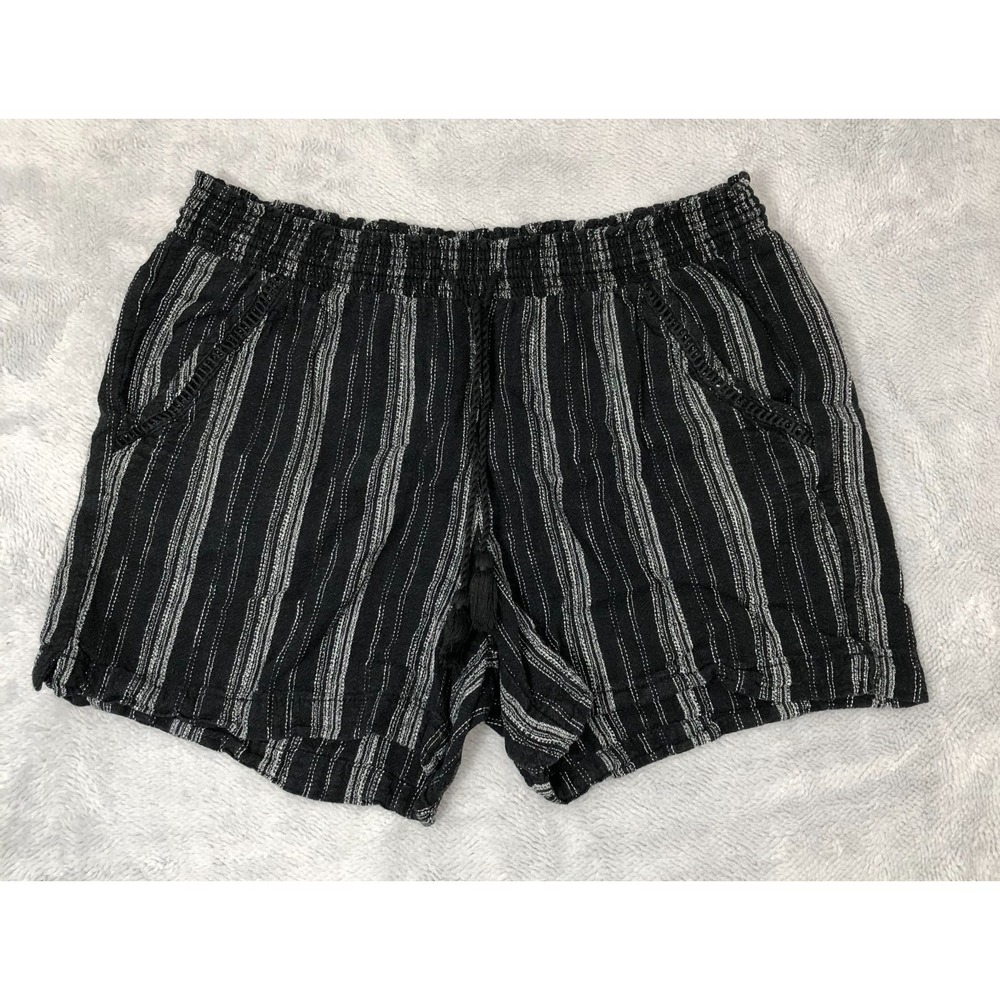Briggs Shorts Womens Large Black White Striped Linen Blend Elastic Waist Tassel
